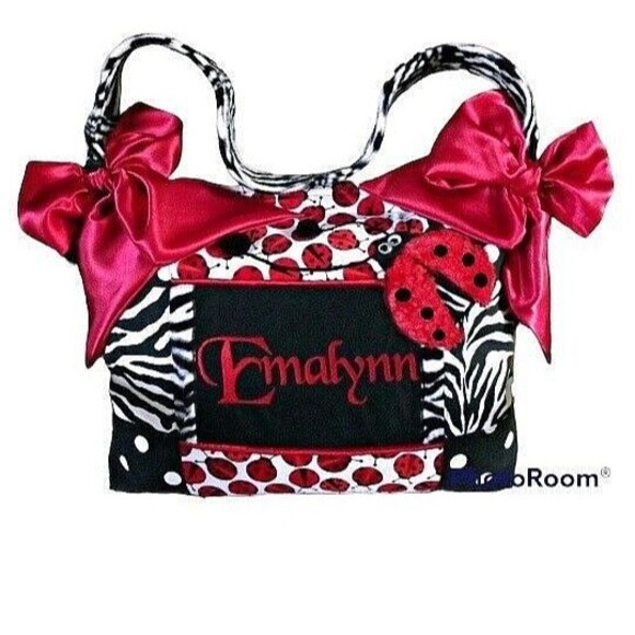 Handmade Personalizable Ladybug Diaper Bag 3 Pockets Red Bows Faux Fur polka Dot - Picture 1 of 7